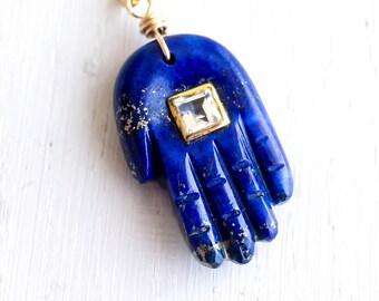 Lapis Lazuli Necklace – 14K Gold Filled Hamsa with Topaz Inlay – hand of Fatima Protection Talisman – September Birthstone - Taurus zodiac
