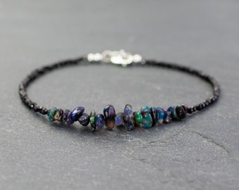Black Ethiopian opal bracelet & spinel, raw opal bracelet silver, October birthstone, Welo opal, raw stone bracelet, birthday gift for men