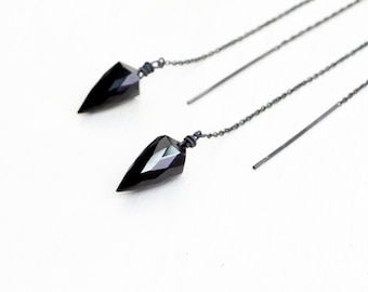 Black spinel & gold threader earrings, black spinel earrings, sterling silver threader earrings, edgy earrings, crystal pendulum earrings