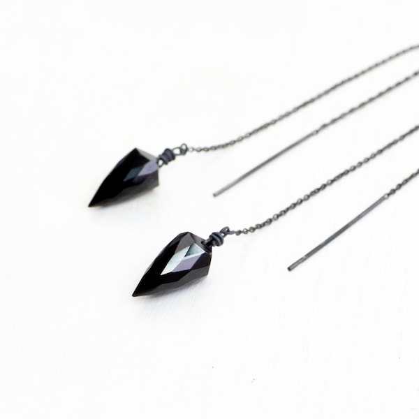 Black spinel & gold threader earrings, black spinel earrings, sterling silver threader earrings, edgy earrings, crystal pendulum earrings