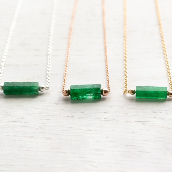 Rose gold emerald bar necklace, raw emerald necklace gold, silver, Taurus crystal, emerald choker, real emerald gemstone jewelry, boho gift