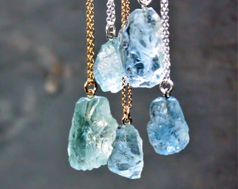 Raw Aquamarine Pendant Necklace: Natural Crystal, March Birthstone