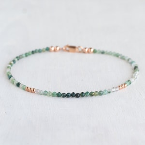 Moss agate bracelet in 14K rose gold filled, moss agate jewelry, gemstone beaded bracelet for heart chakra, virgo & gemini gem 50th birthday