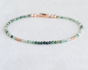 Pulsera de ágata musgosa bañada en oro rosa de 14 quilates, joyería de ágata musgosa, pulsera de cuentas de piedras preciosas para el chakra del corazón, gema Virgo y Géminis para el 50 cumpleaños