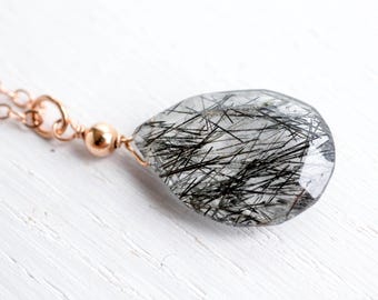 Black rutile quartz pendant – empath protection stone – tourmalinated quartz - Capricorn zodiac - root chakra – new home gift -