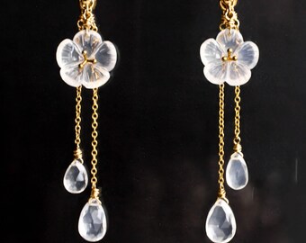 Ice quartz flower stud earrings with detachable drops in 14K gold filled, spring wedding jewelry