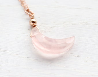 Rose quartz moon necklace, gold moon choker, real rose quartz, taurus scorpio zodiac, heart chakra, celestial jewelry, gift girlfriend