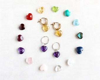 Natural crystal heart earrings, birthstone hoop earrings gold, thick gemstone chunky huggies, birthstone jewelry, birthday gift for women