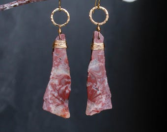 Handmade red jasper earrings with hammered 14K gold-filled rings and wrapping - raw crystal jewelry - Modern art stone jewelry