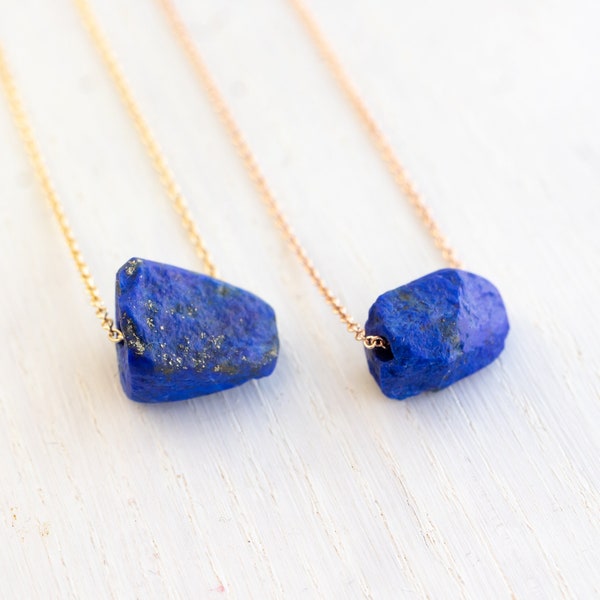 Raw lapis lazuli necklace gold, raw lapis pendant silver, lapis lazuli gemstone jewelry for 9th wedding anniversary, throat chakra, libra