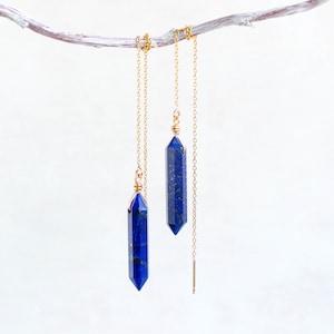 Lapis Lazuli Threader Earrings: Geometric Sterling Silver, Gold Filled