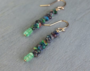 Raw black opal & gold emerald earrings, black opal jewelry, Colombian emerald,  libra crystal, 14th anniversary, May birthstone, Mothers day