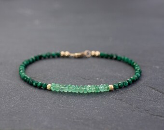 Genuine emerald bracelet gold & malachite, May birthstone, bracelet femme, green beaded gemstone bracelet, malachite bracelet, gift for her