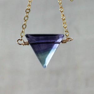 Rainbow Fluorite Triangle Necklace Rose Gold Chain. Gemstone necklace, Geometric Layering Necklace, Purple Blue Fluorite Crystal Jewelry