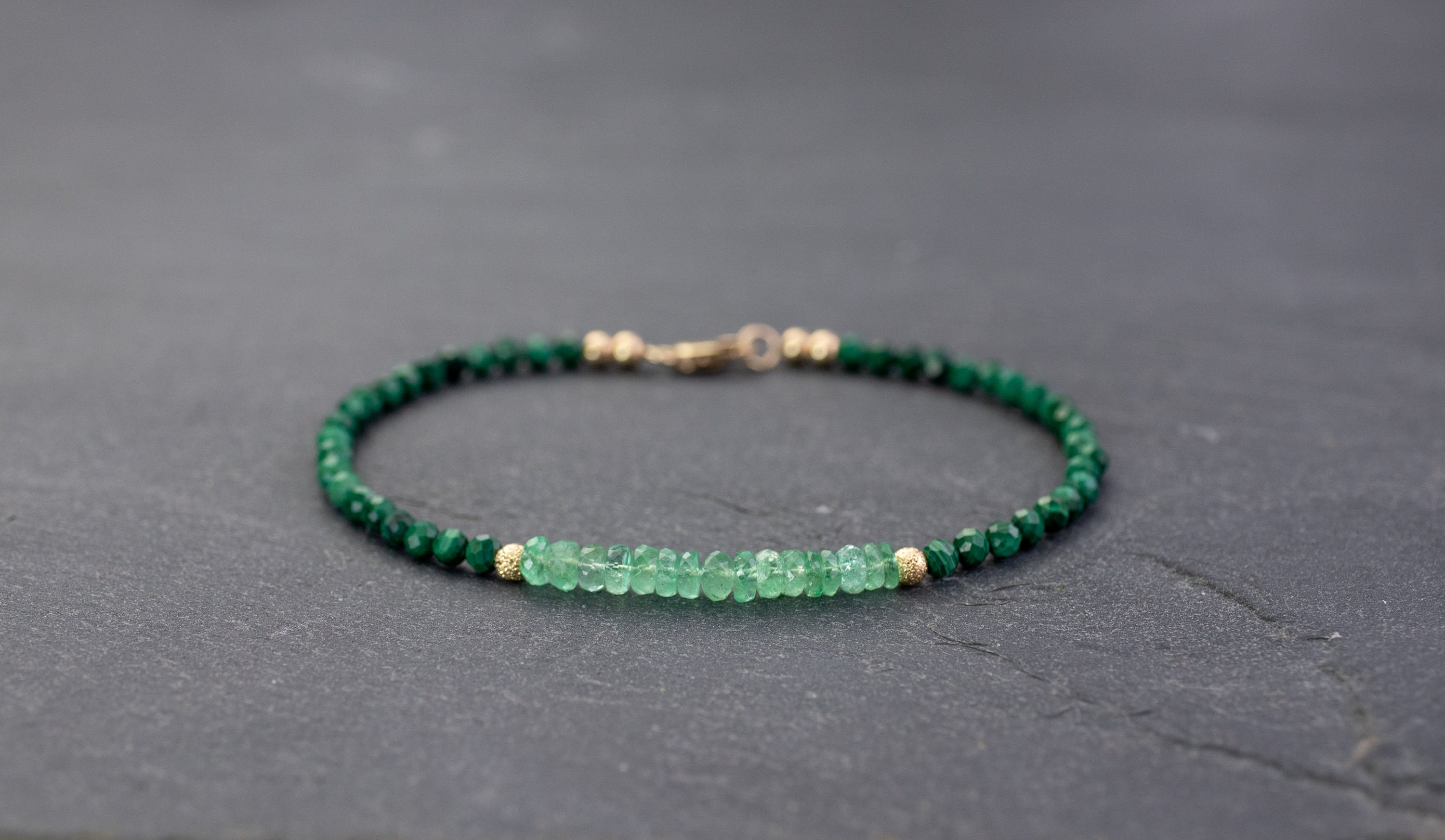 Genuine emerald bracelet gold & malachite, May birthstone, bracelet