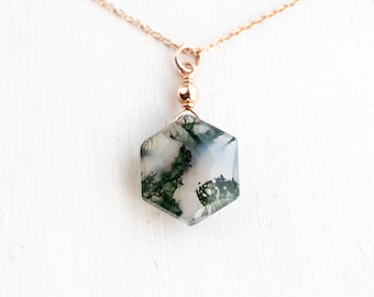 Moss agate pendant rose gold, moss agate necklace silver, green moss agate geometric necklace for heart chakra, virgo necklace, boho gift