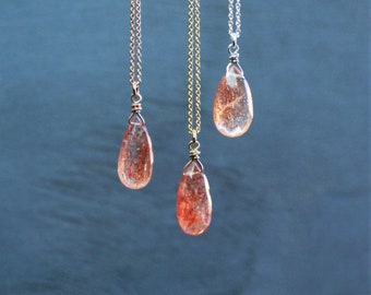 Sunstone necklace rose gold, sunstone pendant silver, sunstone jewelry, boho birthday gift for her, genuine gemstone jewelry, orange stone