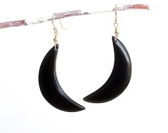 Large black obsidian earrings – sterling silver - Scorpio - root chakra - Gothic crescent moon jewelry – Samhain - shadow work - witch gift