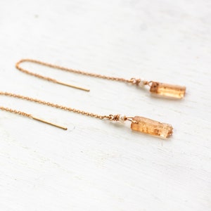 Imperial topaz earrings gold, rose gold filled threader earrings, raw topaz earrings silver, raw crystal jewelry, golden topaz jewelry, gift