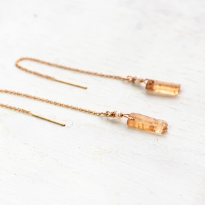 Imperial topaz earrings gold, rose gold filled threader earrings, raw topaz earrings silver, raw crystal jewelry, golden topaz jewelry, gift