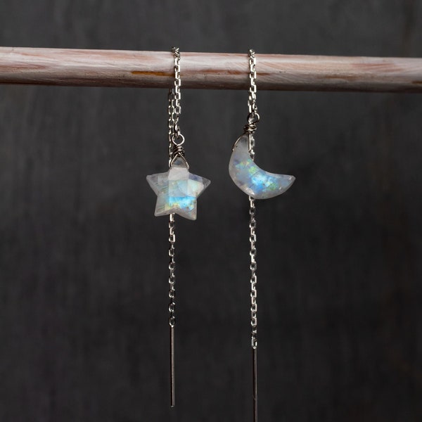 Moon star threader earrings, rainbow moonstone earrings rose gold, silver, mismatch earrings, natural blue moonstone gemstone jewelry, gift