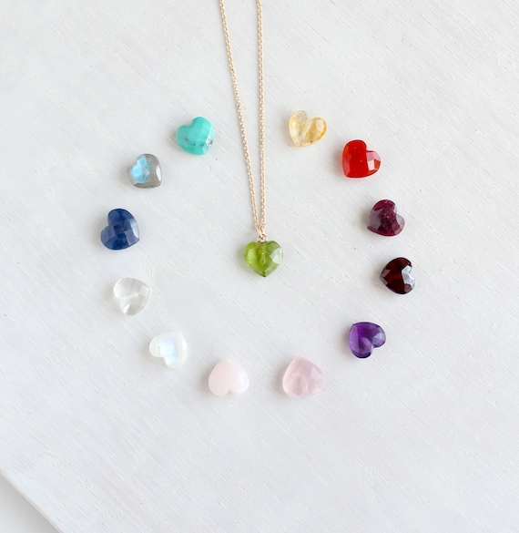 Crystal Heart Necklace Gold, Dainty Birthstone Necklace, Natural