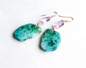 Artisan Chrysocolla & amethyst earrings in 14K rose gold filled - communication stone for throat chakra and Virgo zodiac - gemstone jewelry
