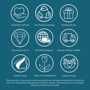 Puede incluir: Una infograf&iacute;a de color verde azulado con nueve iconos circulares blancos que muestran s&iacute;mbolos de artesan&iacute;a, embalaje ecol&oacute;gico, cajas de regalo, cuidado de joyas, env&iacute;os, empresa femenina, origen y caridad.