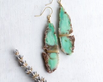 Raw chrysoprase earrings in 14K gold filled - handmade artisan jewelry – boho goddess – mint green venus stone - heart chakra READY TO SHIP
