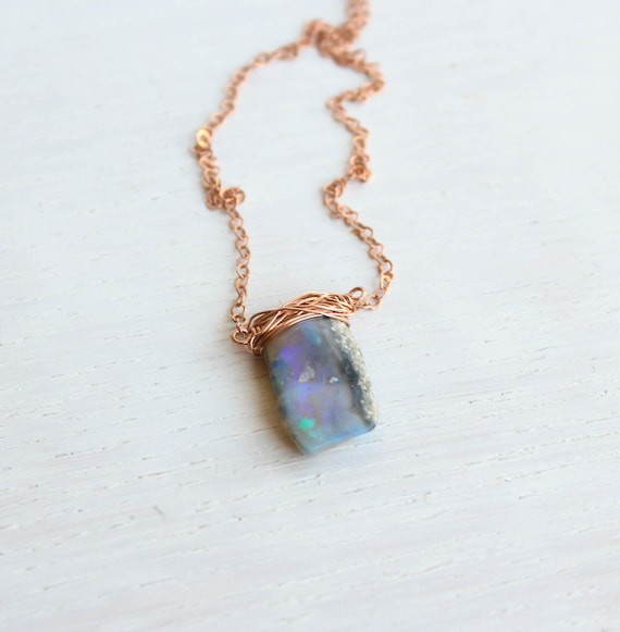 Raw Australian Opal Necklace: Rose Gold Wire Wrapped Gemstone Pendant
