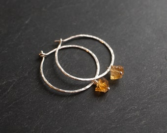 Small gold hoop earrings & raw citrine, raw crystal earrings, November birthstone, thin hoop earrings silver rose gold, raw citrine earrings