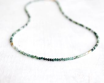 Moss agate beaded necklace gold filled or silver: Virgo crystal - heart chakra necklace - gemstone jewelry -  green tree agate - wedding