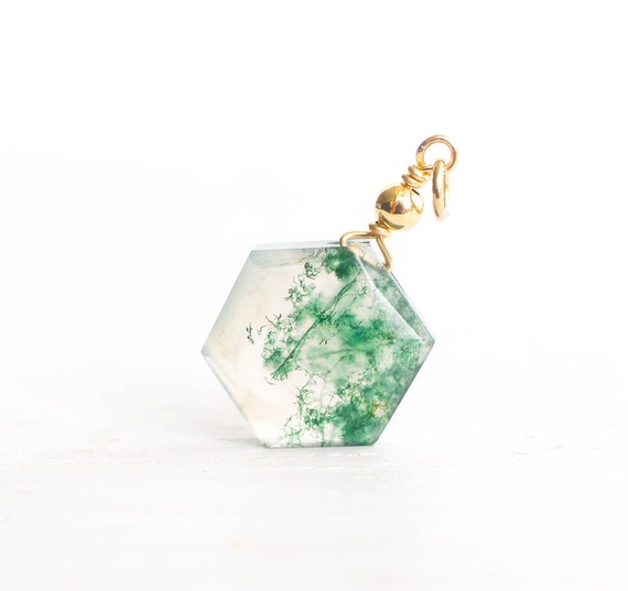 Moss agate pendant 14K rose gold filled or silver: Virgo crystal - heart chakra necklace - gemstone jewelry -  green tree agate