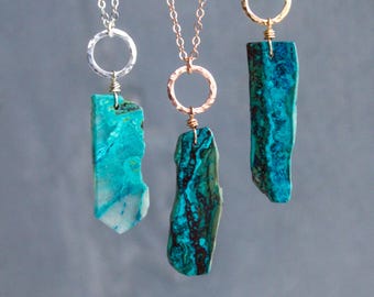 Chrysocolla pendant necklace - raw crystal necklace for throat chakra &  Virgo zodiac - communication stone - natural gemstone jewelry