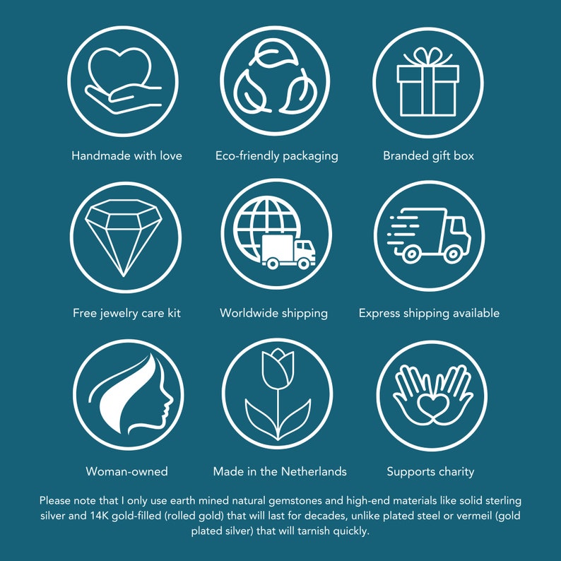Puede incluir: Una infograf&iacute;a de color verde azulado con nueve iconos circulares blancos que muestran s&iacute;mbolos de artesan&iacute;a, embalaje ecol&oacute;gico, cajas de regalo, cuidado de joyas, env&iacute;os, empresa femenina, origen y caridad.