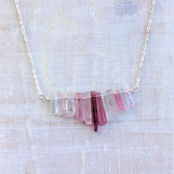 Mint Tourmaline Necklace, Raw October Birthstone Jewelry, Raw Pink Tourmaline Crystal Necklace, Sterling silver, Rough Crystal Pendant