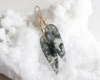 Moss agate earrings gold, leaf earrings, pointy earrings, moss agate jewelry, virgo stone for heart chakra abundance, natural gemstone gift