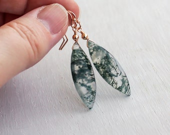 Large moss agate earrings rose gold, navette earrings, moss agate jewelry, virgo stone for heart chakra, natural gemstone gift girlfriend