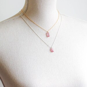K&ouml;nnte beinhalten: Zwei &uuml;bereinander getragene Halsketten an einer Schaufensterpuppe. Die obere Kette besteht aus einer goldfarbenen Kette mit einem kleinen, rechteckigen, durchscheinenden rosa Anh&auml;nger. Die untere Kette hat eine silberne Kette mit einem passenden Anh&auml;nger.