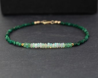 welo opal & malachite bracelet, emerald gold, May birthstone, green gemstone beaded bracelet, bracelet femme, bracelet homme, gift for her