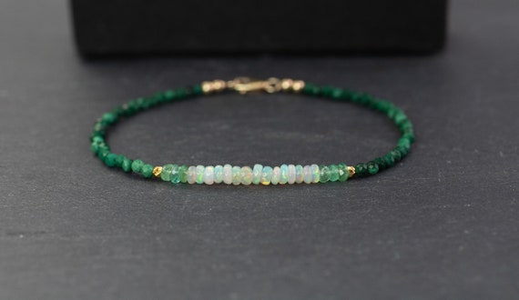 welo opal & malachite bracelet, emerald gold, May birthstone, green gemstone beaded bracelet, bracelet femme, bracelet homme, gift for her