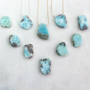 Larimar necklace gold rose filled, sterling silver, natural larimar pendant, raw crystal pendant, gemstone jewelry gift sister