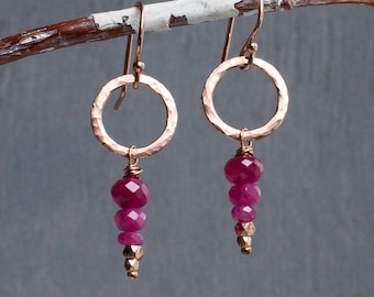 Rose gold ruby earrings, ruby hoop earrings, natural Mogok ruby jewelry, July birthstone gift, 40th anniversary, Cancer zodiac