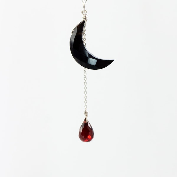 Crescent moon necklace, black onyx necklace with garnet in oxidized silver, 14 gold filled, gold garnet necklace, Januari birthstone