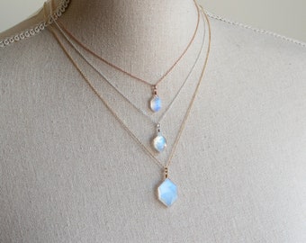 Moonstone geometric necklace, rainbow moonstone pendant, June birthstone, hexagon necklace, moonstone necklace silver, gemstone jewelry