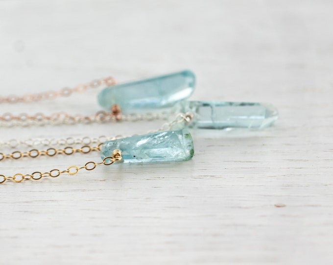 Natural aquamarine necklace rose gold, genuine aquamarine pendant silver for March birthdays, aquarius crystal, 19th anniversary gift