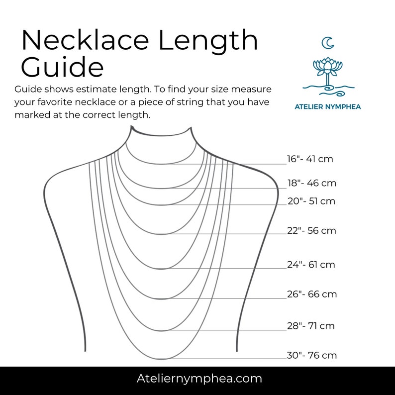K&ouml;nnte beinhalten: Eine schwarz-wei&szlig;e Halsketten-L&auml;ngentabelle mit einer Darstellung eines Halses und verschiedenen Kettenl&auml;ngen von 41 cm bis 76 cm. Der Text lautet Necklace Length Guide, Atelier Nymphea und enth&auml;lt Anweisungen zum Messen.