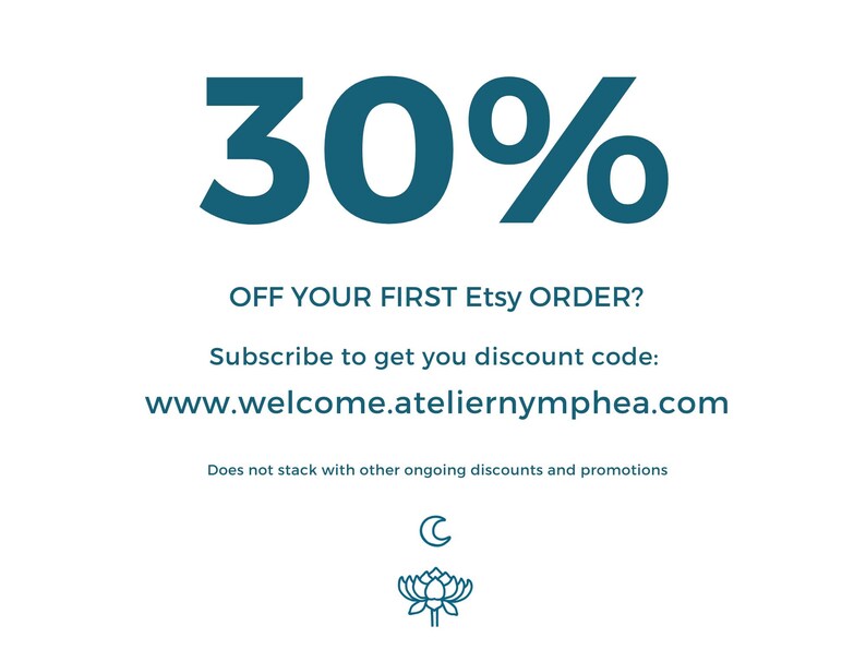 May include: A promotional graphic featuring the text 30% OFF YOUR FIRST Etsy ORDER? Subscribe to get you discount code: www.welcome.ateliernymphea.com. Below the text is a small crescent moon icon and a stylised lotus flower icon in dark teal.
