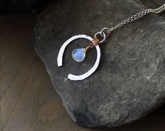 Rainbow Moonstone Mixed Metal Necklace, Moonstone Pendant, Rainbow Moonstone Jewelry, June Birthstone. Gift for Her