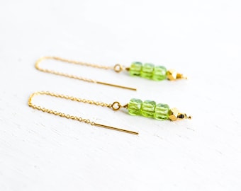 May include: A pair of gold-coloured threader earrings. Each earring has a chain leading to three light green, square-cut beads, and a cluster of gold-coloured geometric beads. The earrings are shown on a white surface.